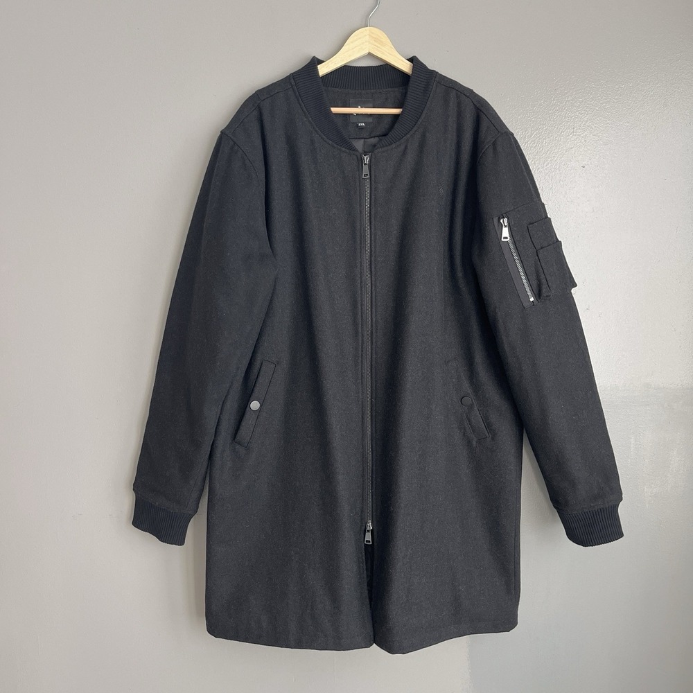 Qilo Tactical Long Bomber Jacket Wool Blend Full Zip Coat Black Quilt Lined 2XL